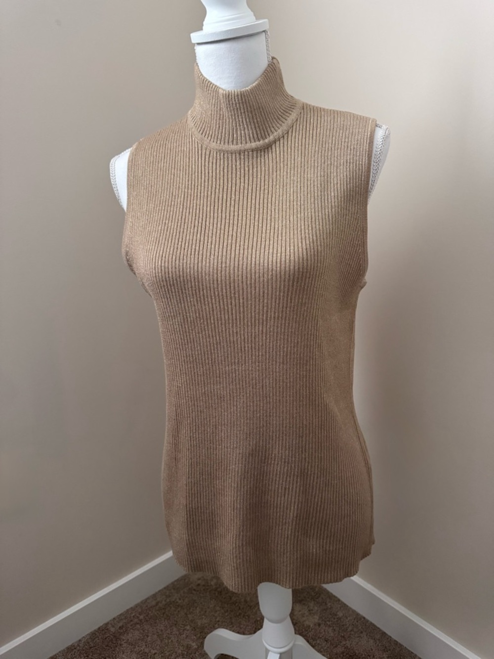 Sleeveless Turtleneck Rib Knit Sweater - Camel